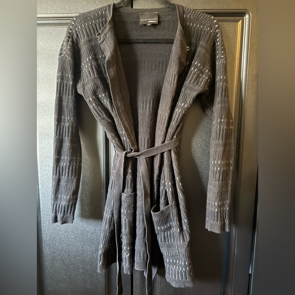 Ellie Tahiti Black Knit Long Cardigan Women's Sweater Tie Waist